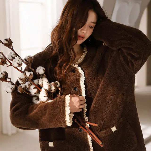 美腾 珊瑚绒睡衣女冬季加绒加厚毛绒家居服开衫秋冬款可外穿法兰绒 家居套装 女款 棕色