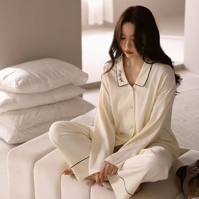 美腾 睡衣女春秋纯棉长袖休闲开衫家居服宽松两件套可外穿秋季 家居服套装 女款 杏色 家居套装