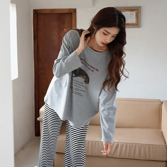 美腾 春秋季纯棉睡衣女长袖开衫简约家居服长裤宽松秋冬可外穿 家居套装 女款 灰色