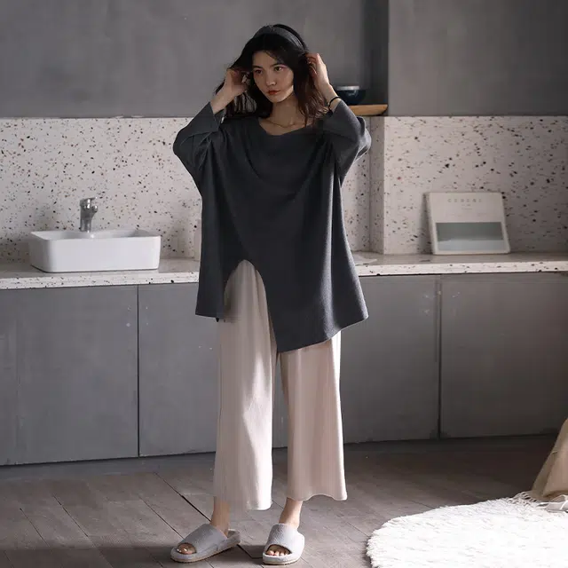 美腾 睡衣女春秋季夏款宽松休闲九分袖家居服套装韩版纯棉全棉可外穿 家居套装 女款
