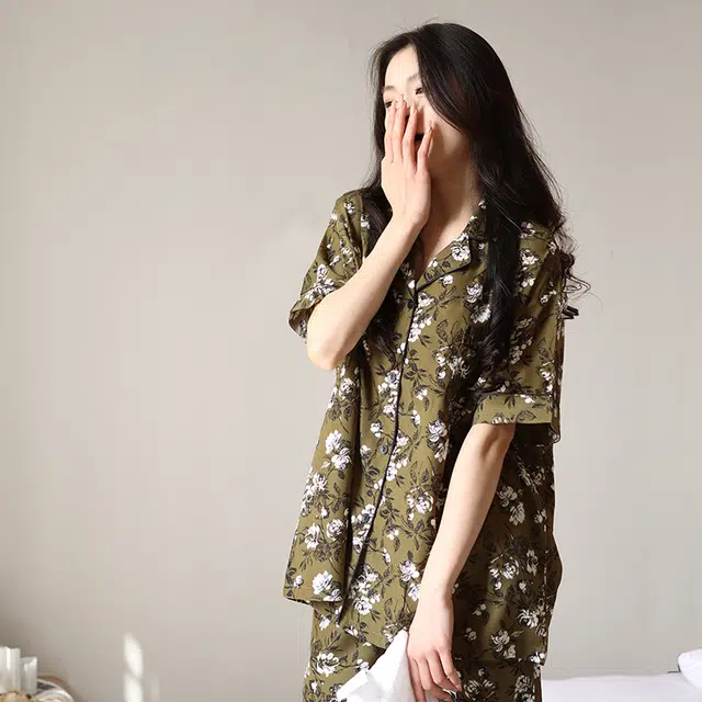美腾 可外穿家居服开衫薄款碎花柔软棉短袖长裤宽松睡衣套装 夏季 女款 橄榄绿