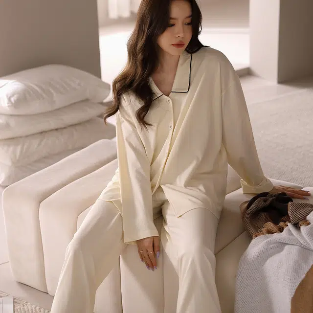 美腾 睡衣女春秋纯棉长袖休闲开衫家居服宽松两件套可外穿秋季 家居服套装 女款 杏色 家居套装