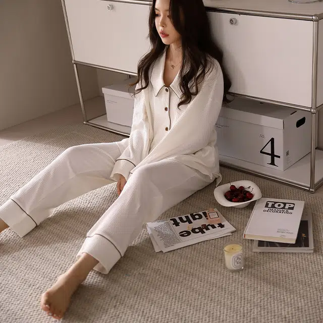 美腾 睡衣春秋女款纯棉长袖开衫宽松家居服简约可外穿秋款  女款 白色内衣 女款