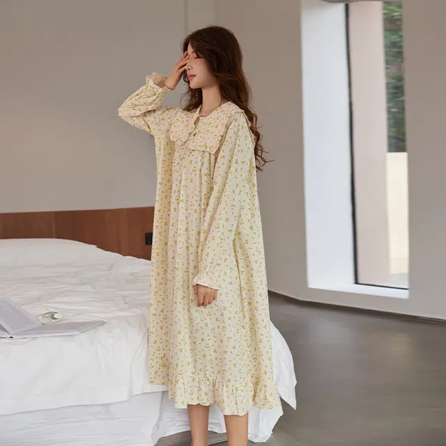 美腾 甜美宽松碎花可外穿家居服娃娃领长袖睡裙 春秋季 女款 杏色
