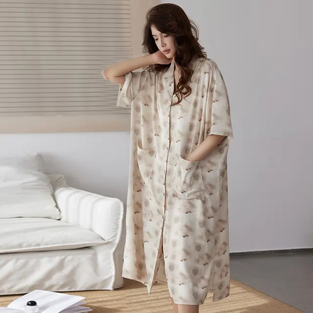 美腾 冰丝凉感家居服短袖中长款睡裙 女款 茶色