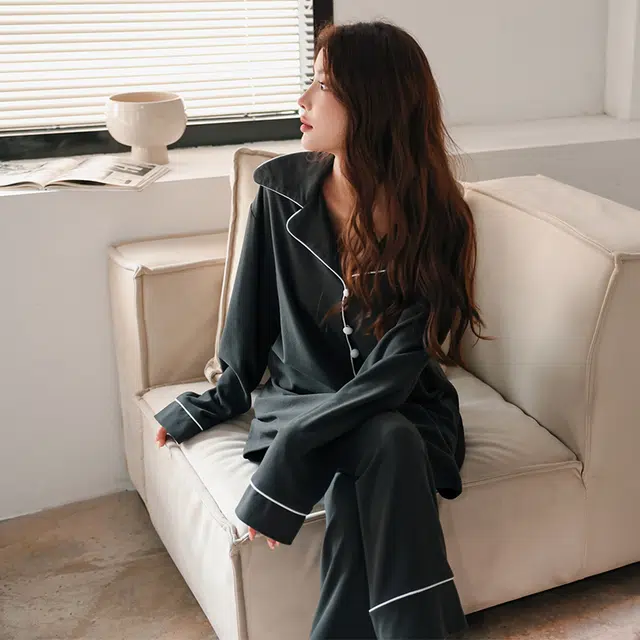 美腾 春秋季睡衣女纯棉简约开衫长袖家居服宽松秋冬可外穿高级 家居套装 女款 灰色