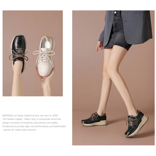 波尔谛奇 头层牛皮 舒适运动百搭厚底 轻便增高 低帮 生活休闲鞋 女款