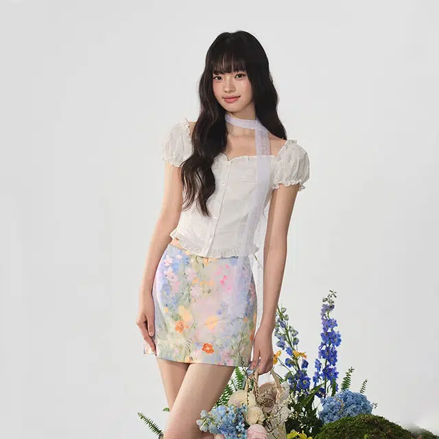 困住大象 设计感渲染花色半身裙白色衬衫包臀裙百搭半身裙裙装套装 女款