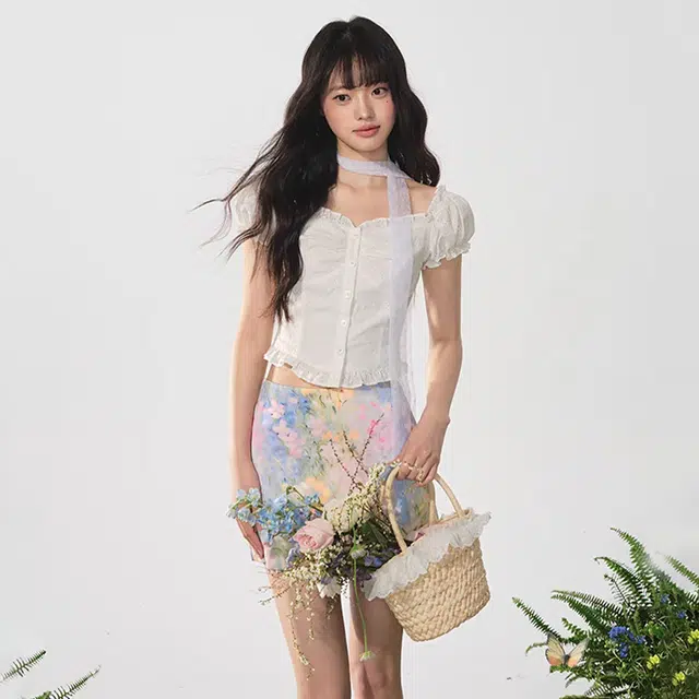 困住大象 设计感渲染花色半身裙白色衬衫包臀裙百搭半身裙裙装套装 女款
