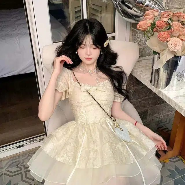 珠蒂美 公主风提花蝴蝶结欧根纱蓬蓬裙短袖连衣裙 女款