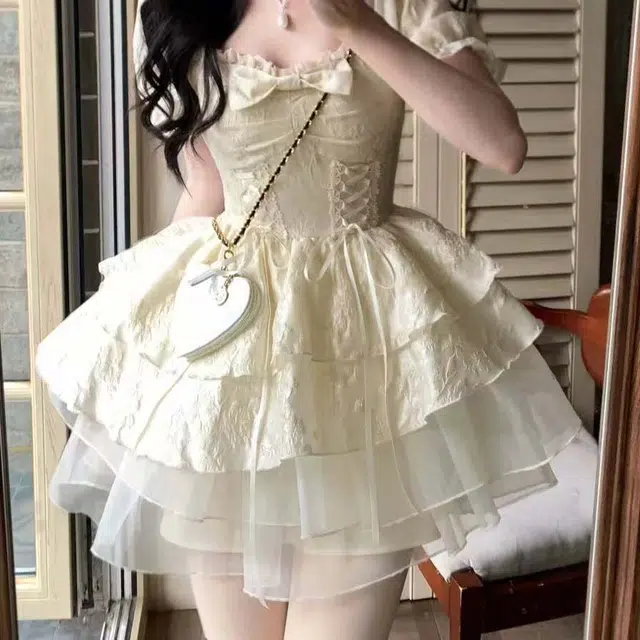 珠蒂美 公主风提花蝴蝶结欧根纱蓬蓬裙短袖连衣裙 女款