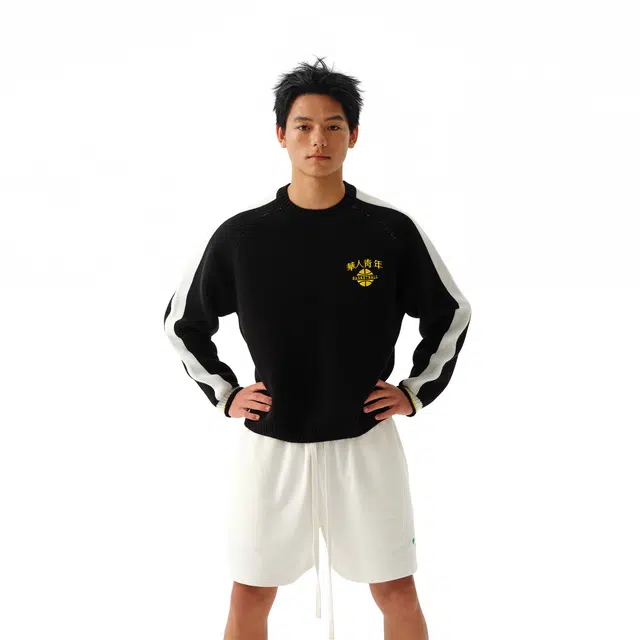 华人青年 撞色圆领休闲宽松针织衫 男女同款