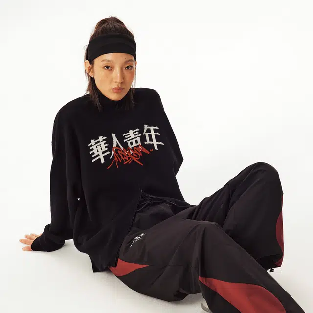 华人青年 春秋季大字涂鸦提花宽松拉链藏蓝色立领长袖针织毛衣开衫外套 男女同款