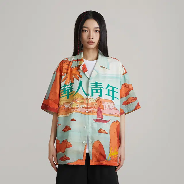 华人青年 海岛系列 满印沙滩短袖衬衫 男女同款 彩色