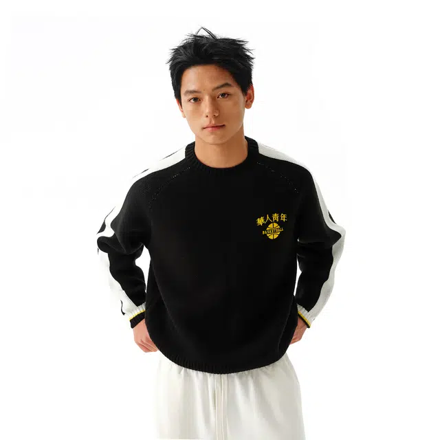 华人青年 撞色圆领休闲宽松针织衫 男女同款