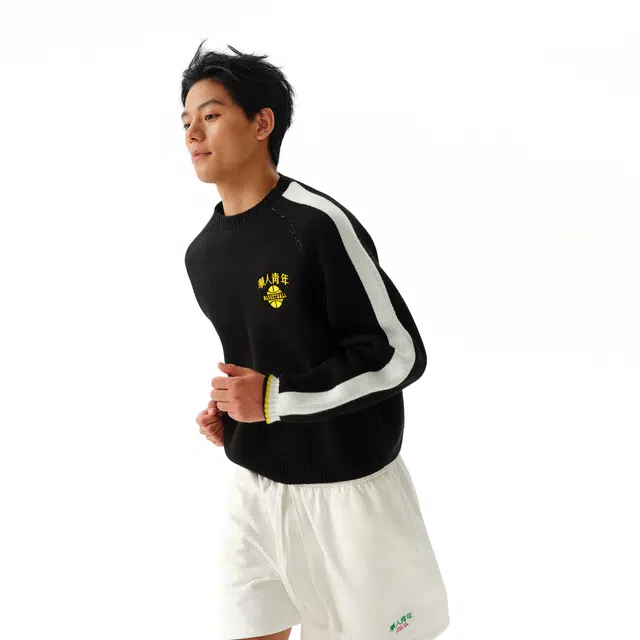 华人青年 撞色圆领休闲宽松针织衫 男女同款