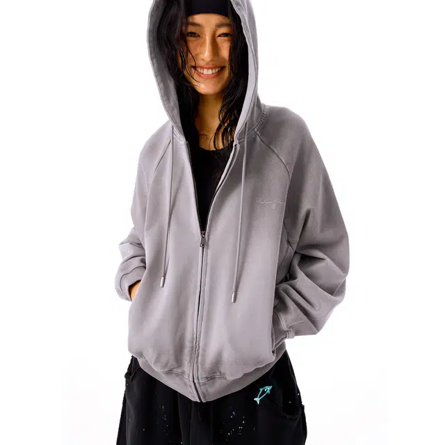 华人青年 水洗休闲宽松拉链连帽卫衣 男女同款