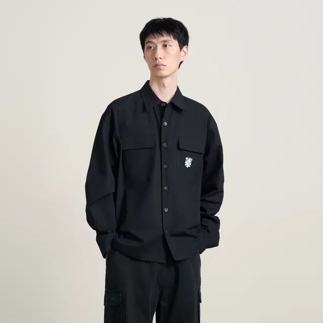 华人青年 龙标工装纯色宽松长袖衬衫 男女同款