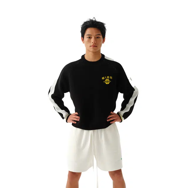 华人青年 撞色圆领休闲宽松针织衫 男女同款