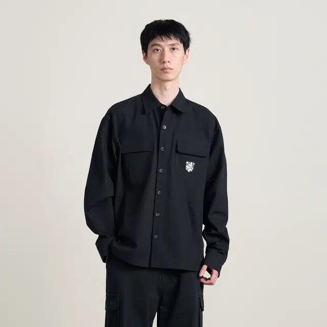 华人青年 龙标工装纯色宽松长袖衬衫 男女同款