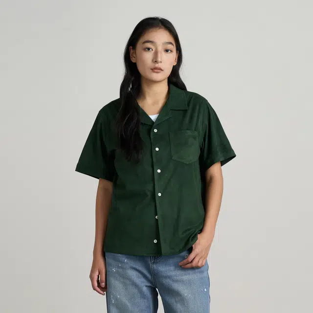 华人青年 麂皮绒古巴领简约短袖衬衫 男女同款 绿色