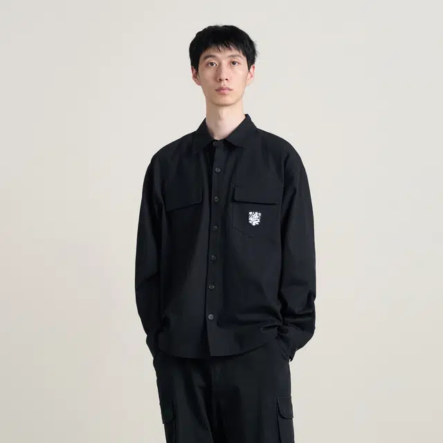 华人青年 龙标工装纯色宽松长袖衬衫 男女同款