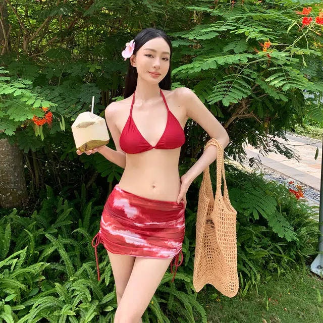 周淼 三角杯胸衣合身内裤网纱罩裙泳装套装 女款