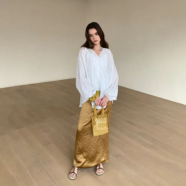 周淼 纯色中腰侧抽褶开叉休闲长裙 女款