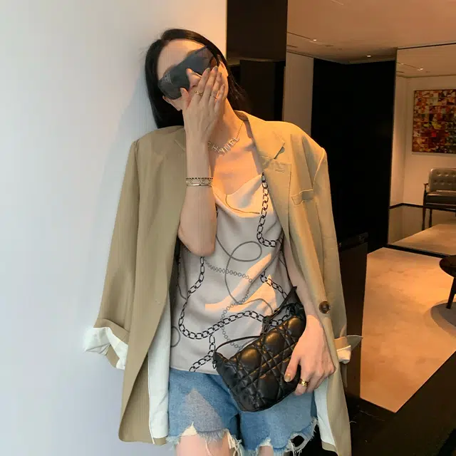 周淼 通勤条纹修身套头吊带 女款 米金