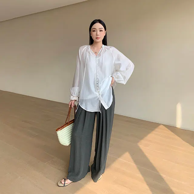 周淼 高腰纯色阔腿休闲裤 女款