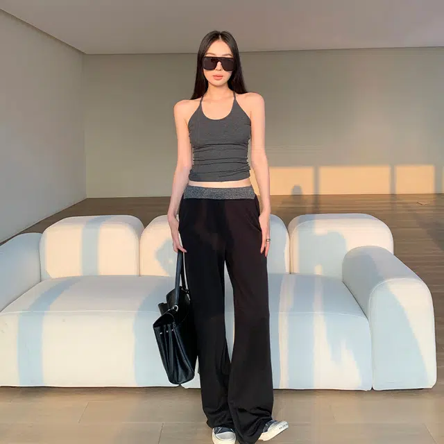 周淼 撞色高腰合身直筒休闲裤 女款 灰撞黑