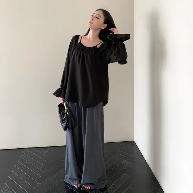 周淼 含羊毛梭织面料高腰直筒宽松休闲裤 女款