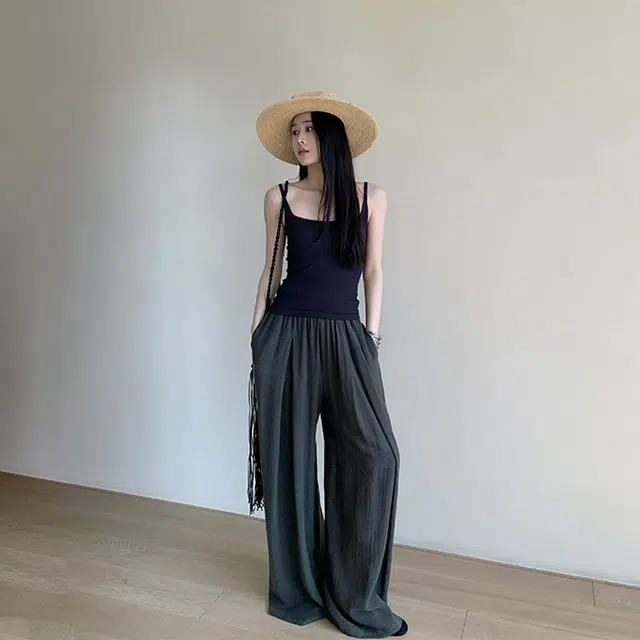 周淼 高腰纯色阔腿休闲裤 女款