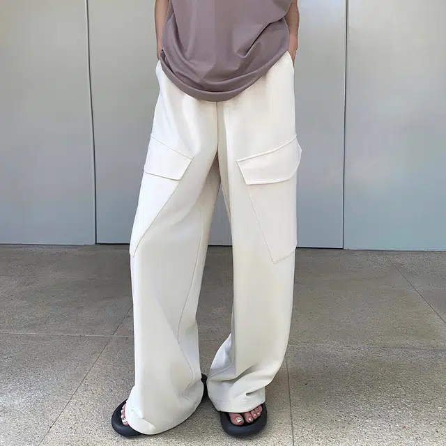 周淼 不规则贴袋直筒针织休闲裤 女款