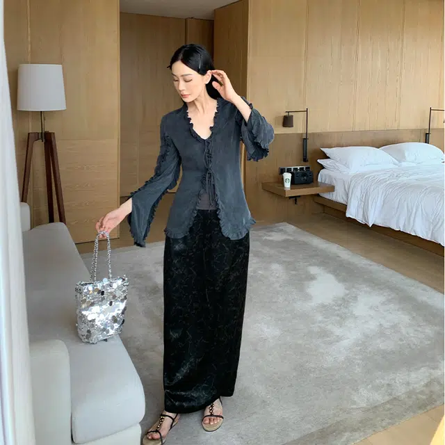 周淼 不规则褶皱印花新中式半身休闲长裙 女款 黑色