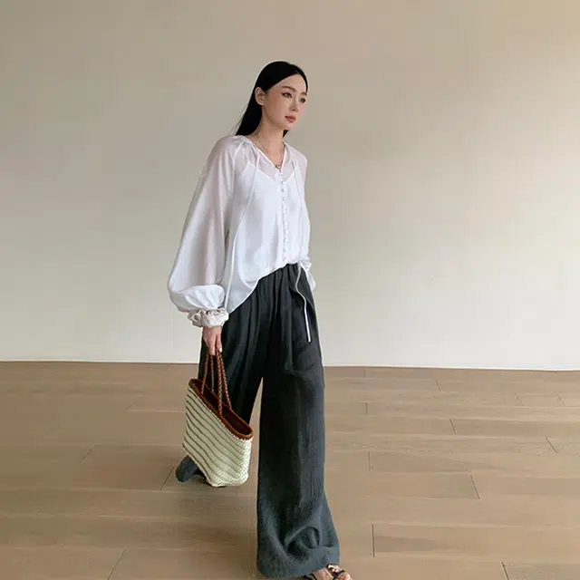 周淼 高腰纯色阔腿休闲裤 女款