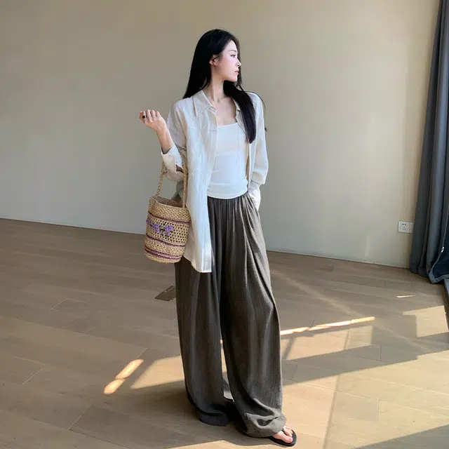 周淼 高腰纯色阔腿休闲裤 女款