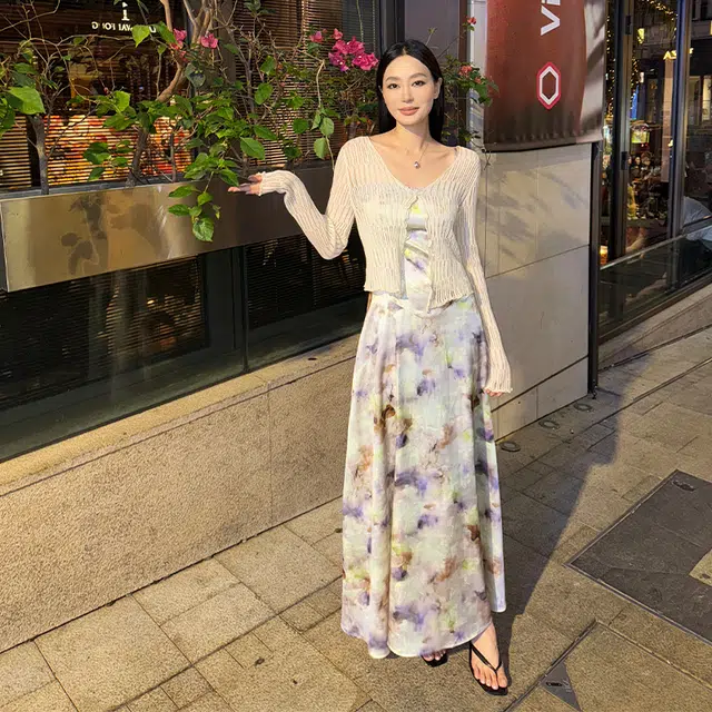 周淼 定染蕾丝花边修身收腰立体印花吊带连衣裙 女款