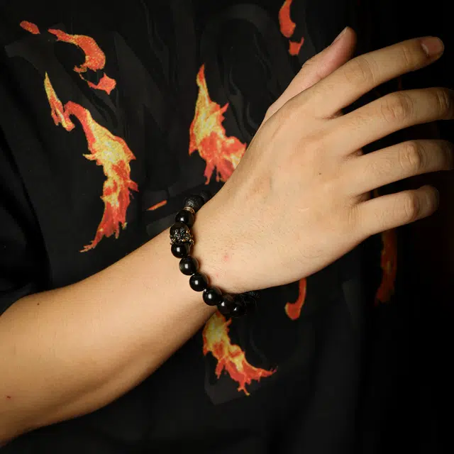 本木 发大财遇桃花 新中式 纳福转运 好运连连吞金兽 福禄文玩复兴佛珠天然 黑曜石 手串 男女同款情侣款