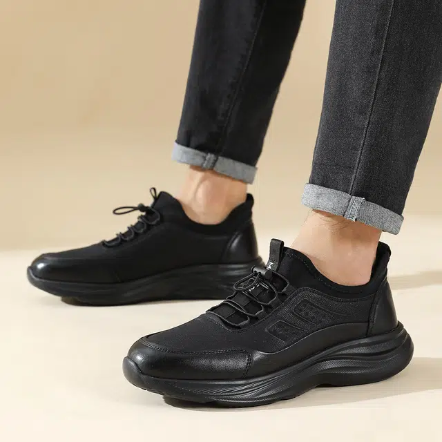 木林森 健步鞋 合成革牛剖层革 圆头平底松紧带时尚简约运动风潮流百搭舒适柔软通勤街头跑步旅游 耐磨轻便 低帮 生活休闲鞋 男款 黑色