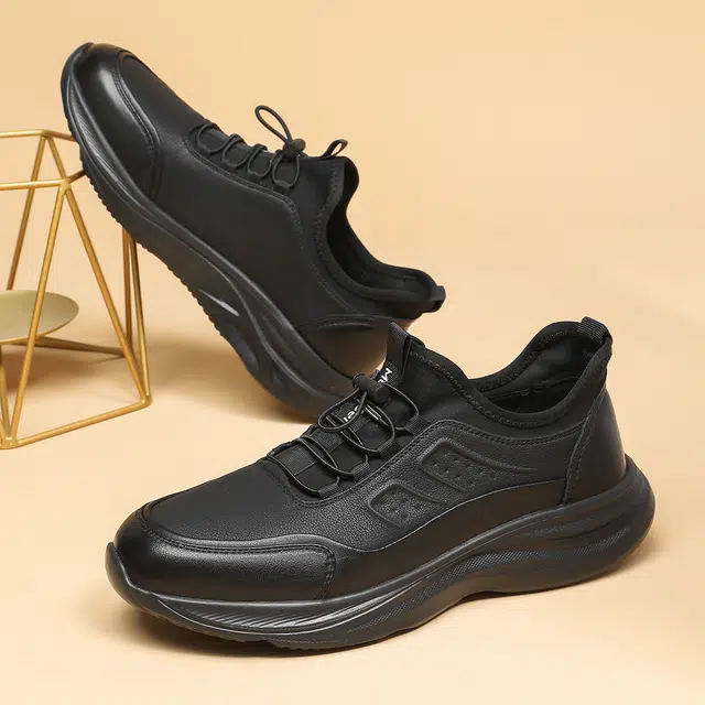 木林森 健步鞋 合成革牛剖层革 圆头平底松紧带时尚简约运动风潮流百搭舒适柔软通勤街头跑步旅游 耐磨轻便 低帮 生活休闲鞋 男款 黑色