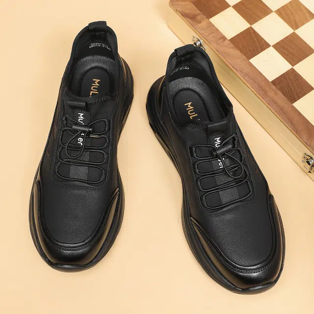 木林森 健步鞋 合成革牛剖层革 圆头平底松紧带时尚简约运动风潮流百搭舒适柔软通勤街头跑步旅游 耐磨轻便 低帮 生活休闲鞋 男款 黑色