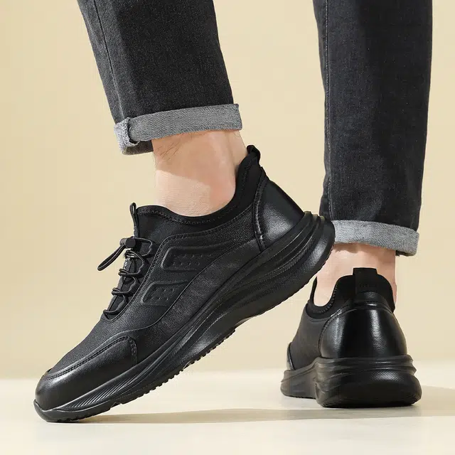 木林森 健步鞋 合成革牛剖层革 圆头平底松紧带时尚简约运动风潮流百搭舒适柔软通勤街头跑步旅游 耐磨轻便 低帮 生活休闲鞋 男款 黑色