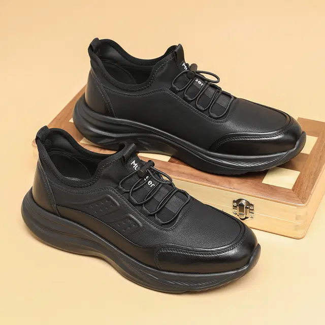 木林森 健步鞋 合成革牛剖层革 圆头平底松紧带时尚简约运动风潮流百搭舒适柔软通勤街头跑步旅游 耐磨轻便 低帮 生活休闲鞋 男款 黑色