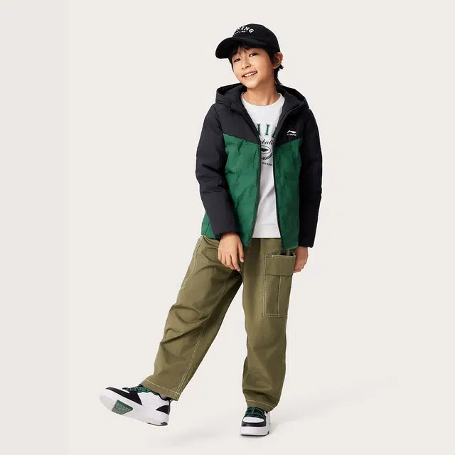 李宁儿童 时尚宽松舒适洋气潮流拼接百搭羽绒服 云杉绿 青少年