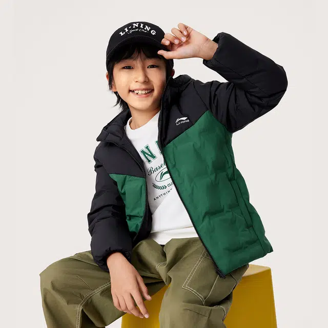 李宁儿童 时尚宽松舒适洋气潮流拼接百搭羽绒服 云杉绿 青少年