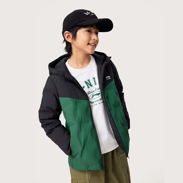 李宁儿童 时尚宽松舒适洋气潮流拼接百搭羽绒服 云杉绿 青少年