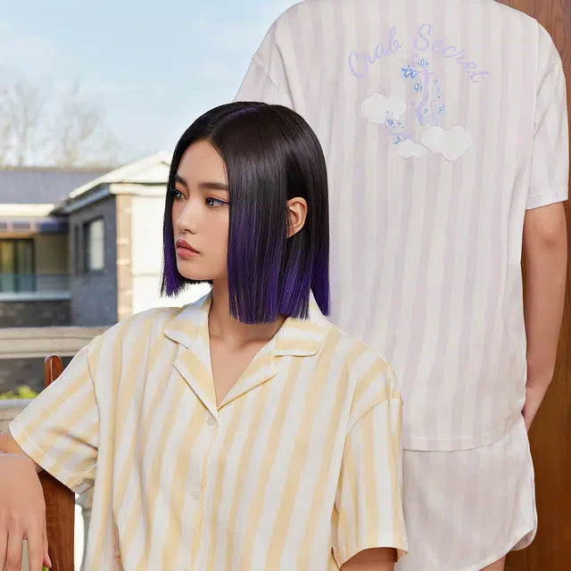 螃蟹秘密 宅美美系列 条纹亲肤宽松休闲春夏短袖舒适透气短裤睡衣套装 男女同款