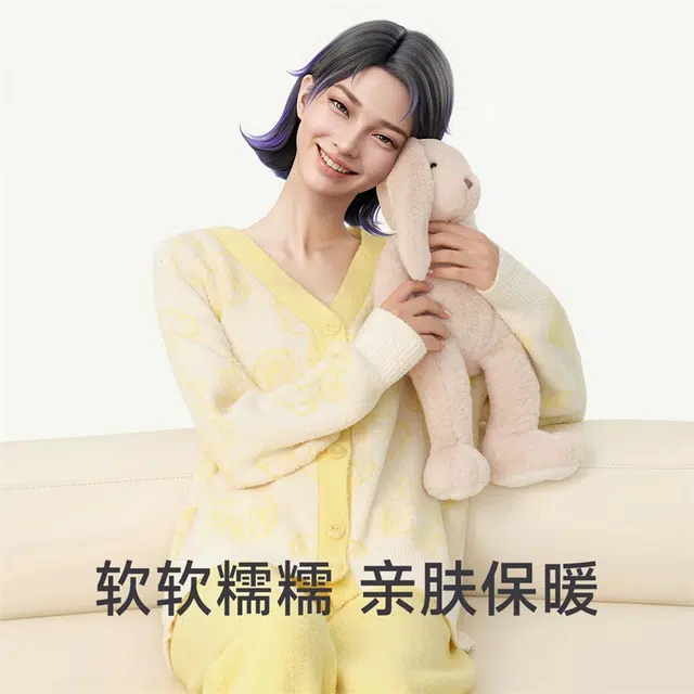 螃蟹秘密 宅美美系列  女士暖熊保暖休闲半边绒开襟防静电居家保暖休闲 家居套装  女款