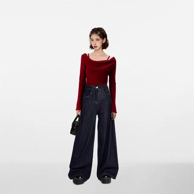 柏黛妃 假两件露肩短款修身内搭打底纯色长袖针织衫 女款 红色